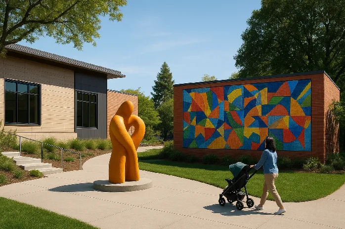 An accessible community arts space with a wide pathway, sculpture, colorful mural, and a person pushing a stroller.